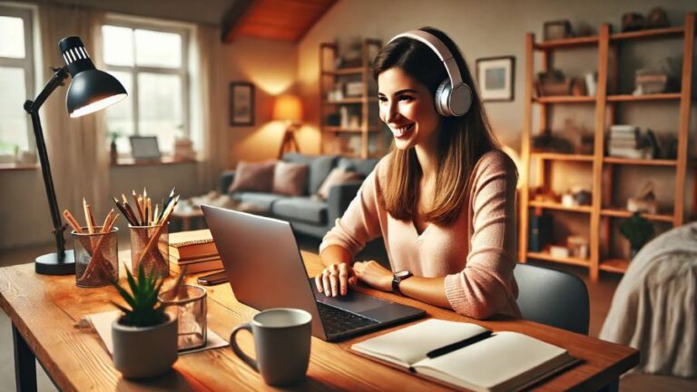 Mulher sentada em sua mesa de trabalho, usando fones de ouvido e sorrindo enquanto faz um curso de desenvolvimento pessoal em seu notebook